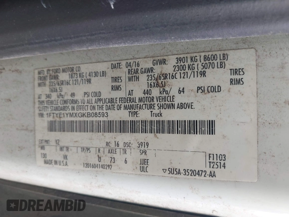 2016 Ford Transit Cargo with VIN 1FTYE1YMXGKB08593, listed as a IAAI auction lot 42347910 with 206,109 mi miles and . Bid and sale history available at DreamBid. Image 9.