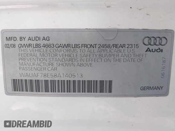 2008 Audi A4 2.0T с VIN WAUAF78E58A140513, выставлен на аукционе IAAI как лот 42572202 с пробегом 231 643 миль миль и . История ставок и продаж доступна на DreamBid. Изображение 9.