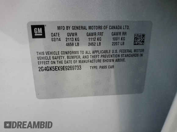 2014 Buick Regal with VIN 2G4GK5EX9E9269733, listed as a Copart auction lot 56896235 with Not provided miles and Salvage title. Bid and sale history available at DreamBid. Image 12.