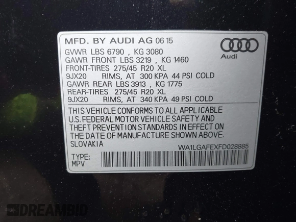 2015 Audi Q7 Premium Plus with VIN WA1LGAFEXFD028885, listed as a IAAI auction lot 42619526 with 145,126 mi miles and . Bid and sale history available at DreamBid. Image 9.