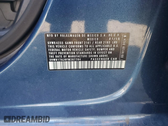 2015 Volkswagen Jetta Sport with VIN 3VWB17AJ0FM287784, listed as a Copart auction lot 44449605 with 160,814 mi miles and Salvage title. Bid and sale history available at DreamBid. Image 12.