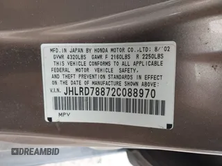 2002 Honda CR-V EX with VIN JHLRD78872C088970, listed as a IAAI auction lot 42041051 with 258,173 mi miles. Bid and sale history available at carsss.com. Image 9.