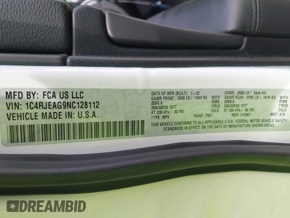 2022 Jeep Grand Cherokee Laredo X с VIN 1C4RJEAG9NC128112, выставлен на аукционе IAAI как лот 42234872 с пробегом 88 609 миль миль и . История ставок и продаж доступна на DreamBid. Изображение 9.