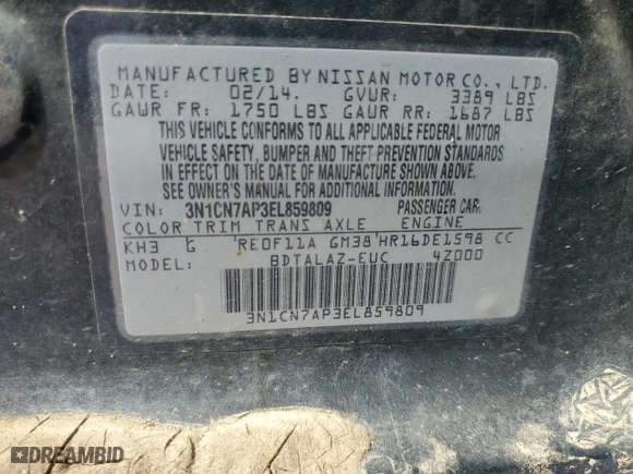 2014 Nissan Versa S Plus with VIN 3N1CN7AP3EL859809, listed as a Copart auction lot 46586515 with 0 mi miles and Non Repairable. Bid and sale history available at carsss.com. Image 12.
