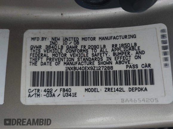 2009 Toyota Corolla with VIN 1NXBU40EX9Z127288, listed as a IAAI auction lot 42204718 with 140,000 mi miles and . Bid and sale history available at DreamBid. Image 9.