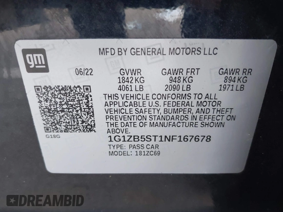 2022 Chevrolet Malibu LS with VIN 1G1ZB5ST1NF167678, listed as a IAAI auction lot 41948656 with 23,974 mi miles and . Bid and sale history available at DreamBid. Image 9.