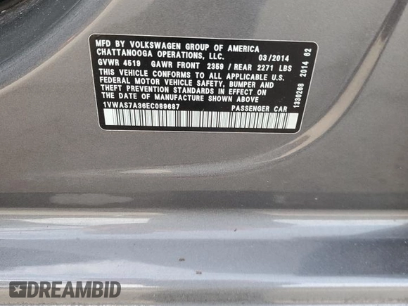 2014 Volkswagen Passat S with VIN 1VWAS7A36EC089687, listed as a Copart auction lot 82783754 with 103,979 mi miles and Salvage Title. Bid and sale history available at carsss.com. Image 14.