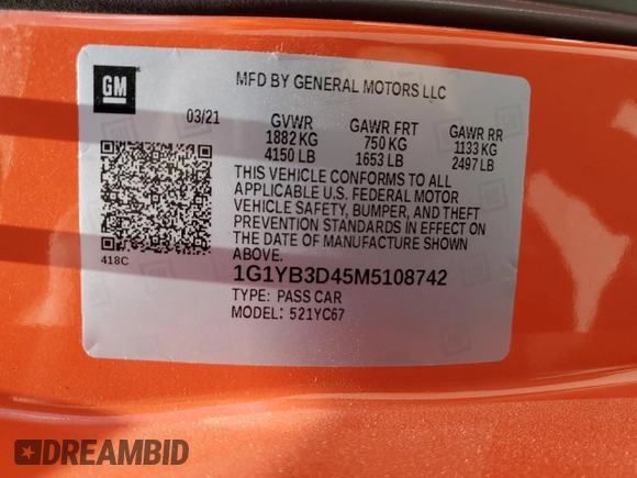 2021 Chevrolet Corvette 2LT with VIN 1G1YB3D45M5108742, listed as a Copart auction lot 72180074 with 0 mi miles and Salvage Title. Bid and sale history available at carsss.com. Image 13.
