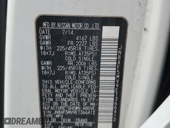 2014 Nissan Juke SL with VIN JN8AF5MV9ET366412, listed as a Copart auction lot 48755425 with 112,357 mi miles and Non Repairable. Bid and sale history available at carsss.com. Image 14.