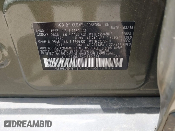 2019 Subaru Outback Premium with VIN 4S4BSAFC3K3323076, listed as a IAAI auction lot 42390684 with 75,686 mi miles and . Bid and sale history available at DreamBid. Image 9.