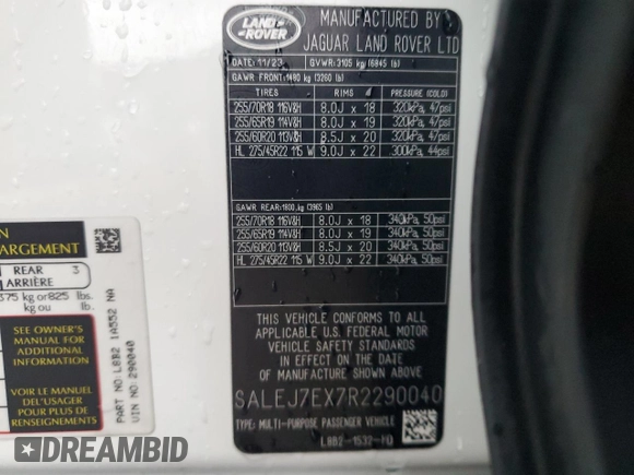2024 Land Rover Defender S with VIN SALEJ7EX7R2290040, listed as a Copart auction lot 86346544 with 10,145 mi miles and Non repairable. Bid and sale history available at DreamBid. Image 14.