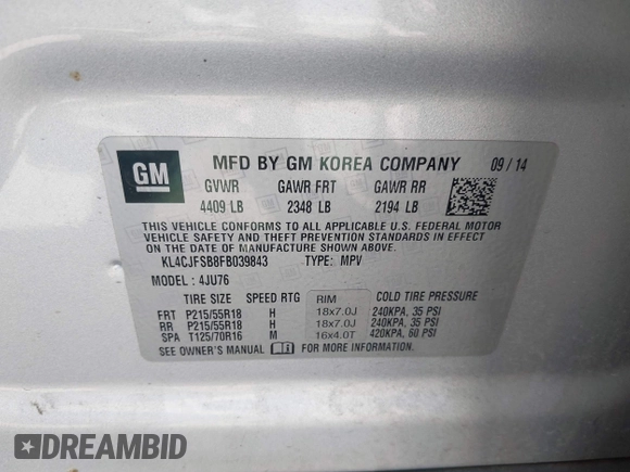 2015 Buick Encore Convenience with VIN KL4CJFSB8FB039843, listed as a IAAI auction lot 42042100 with 78,245 mi miles. Bid and sale history available at carsss.com. Image 9.