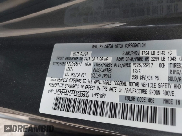 2023 Mazda CX-5 S Carbon Edition z VIN JM3KFBCM7P0226930, wystawiony jako IAAI lot #41939956 z przebiegiem 29 477 mil mil oraz . Historia ofert i sprzedaży dostępna na DreamBid. Obrazek 9.
