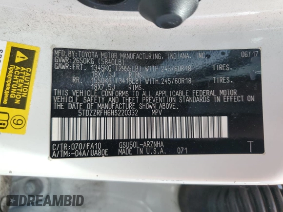 2017 Toyota Highlander LE with VIN 5TDZZRFH6HS220332, listed as a Copart auction lot 57822285 with 167,184 mi miles and Salvage title. Bid and sale history available at DreamBid. Image 14.