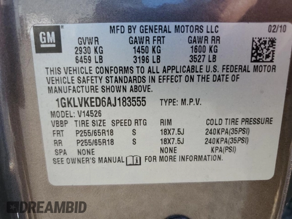 2010 GMC Acadia SL with VIN 1GKLVKED6AJ183555, listed as a Copart auction lot 70014234 with 144,326 mi miles and Clean Title. Bid and sale history available at carsss.com. Image 12.