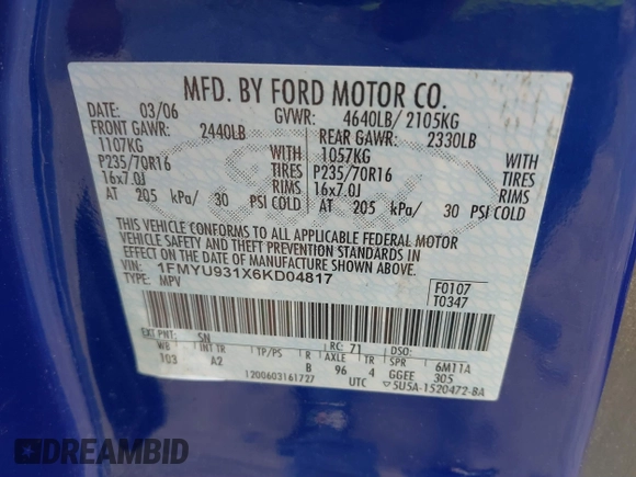 2006 Ford Escape XLT with VIN 1FMYU931X6KD04817, listed as a IAAI auction lot 41375874 with 98,200 mi miles and . Bid and sale history available at DreamBid. Image 9.