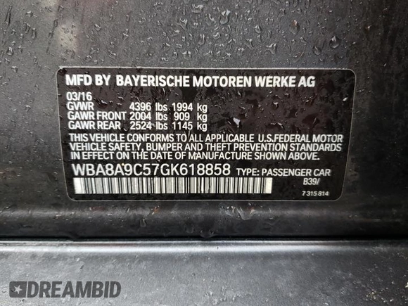 2016 BMW 3 Series 320i with VIN WBA8A9C57GK618858, listed as a Copart auction lot 45157415 with 124,347 mi miles and Salvage Title. Bid and sale history available at carsss.com. Image 12.