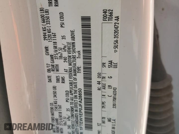 2018 Ford F-150 XL with VIN 1FTEW1EP0JFA28850, listed as a Copart auction lot 63585615 with 210,626 mi miles and Salvage title. Bid and sale history available at DreamBid. Image 12.