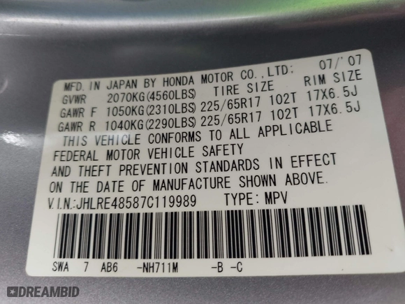 2007 Honda CR-V EX with VIN JHLRE48587C119989, listed as a IAAI auction lot 41923779 with 269,254 mi miles. Bid and sale history available at carsss.com. Image 9.