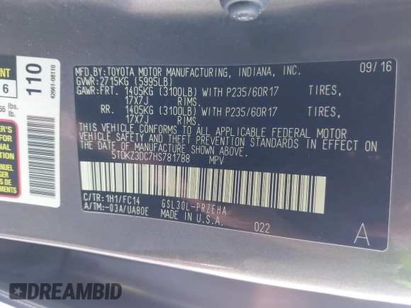 2017 Toyota Sienna LE Auto Access Seat with VIN 5TDKZ3DC7HS781788, listed as a IAAI auction lot 41793638 with 65,529 mi miles. Bid and sale history available at carsss.com. Image 9.