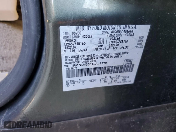 2001 Ford Excursion Limited z VIN 1FMNU43S81EA48392, wystawiony jako Copart lot #50074235 z przebiegiem 191 321 mil mil oraz Szkoda całkowita • Salvage title. Historia ofert i sprzedaży dostępna na DreamBid. Obrazek 12.