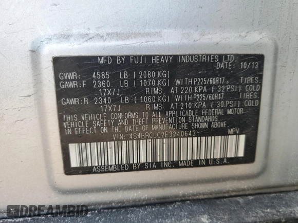 2014 Subaru Outback 2.5i Limited with VIN 4S4BRCLC2E3240643, listed as a Copart auction lot 46893055 with 224,298 mi miles and Clean Title. Bid and sale history available at carsss.com. Image 14.