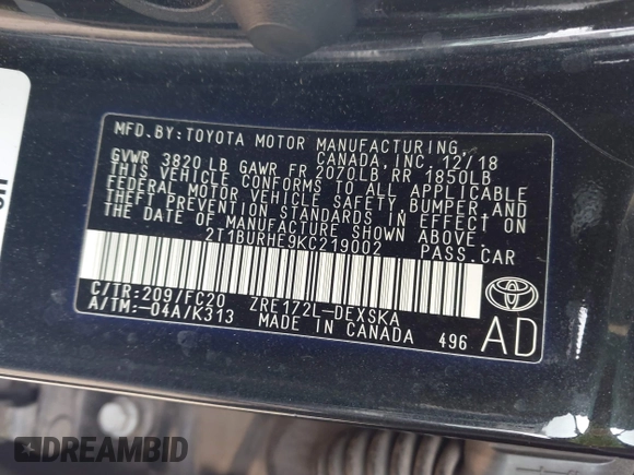 2019 Toyota Corolla L with VIN 2T1BURHE9KC219002, listed as a IAAI auction lot 41689048 with 58,372 mi miles and . Bid and sale history available at DreamBid. Image 9.