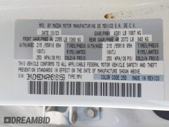 2024 Mazda CX-30 S Premium with VIN 3MVDMBDM4RM616159, listed as a IAAI auction lot 42328334 with 4,614 mi miles and . Bid and sale history available at DreamBid. Image 9.