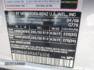 2009 Mercedes-Benz M 3.5L with VIN 4JGBB86E69A476308, listed as a IAAI auction lot 42133542 with 189,523 mi miles. Bid and sale history available at carsss.com. Image 9.