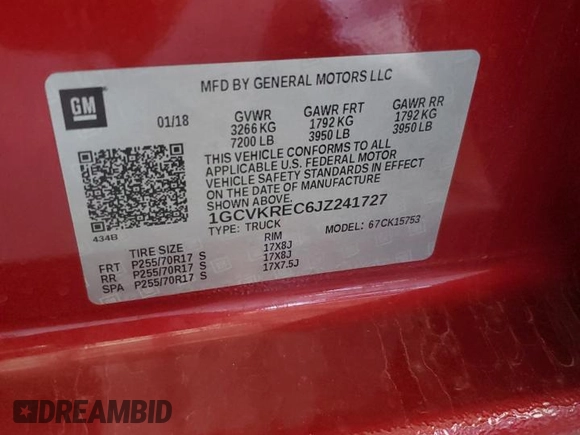 2018 Chevrolet Silverado 1500 LT with VIN 1GCVKREC6JZ241727, listed as a Copart auction lot 53993395 with Not Provided miles and Salvage Title. Bid and sale history available at DreamBid. Image 12.