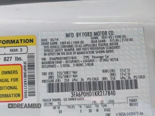2019 Ford Fusion SE with VIN 3FA6P0HD1KR217840, listed as a IAAI auction lot 42011309 with 85,945 mi miles and . Bid and sale history available at carsss.com. Image 9.