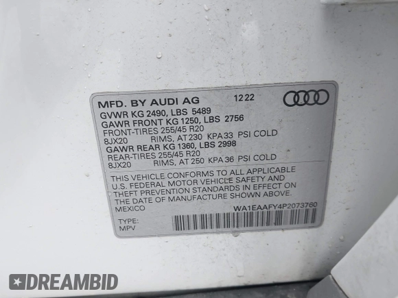 2023 Audi Q5 S line Premium Plus с VIN WA1EAAFY4P2073760, выставлен на аукционе IAAI как лот 42203388 с пробегом 30 601 миль миль и . История ставок и продаж доступна на DreamBid. Изображение 9.