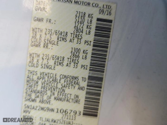 2017 Nissan Murano SL with VIN 5N1AZ2MG9HN106793, listed as a Copart auction lot 86949894 with 112,327 mi miles and Salvage Title. Bid and sale history available at carsss.com. Image 13.