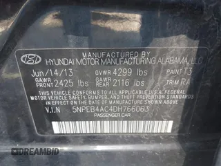2013 Hyundai Sonata GLS with VIN 5NPEB4AC4DH766063, listed as a IAAI auction lot 42110811 with 105,622 mi miles and . Bid and sale history available at DreamBid. Image 9.