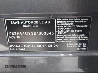 2011 Saab 9-3 with VIN YS3FA4CY3B1303845, listed as a IAAI auction lot 41902057 with 138,242 mi miles. Bid and sale history available at carsss.com. Image 9.
