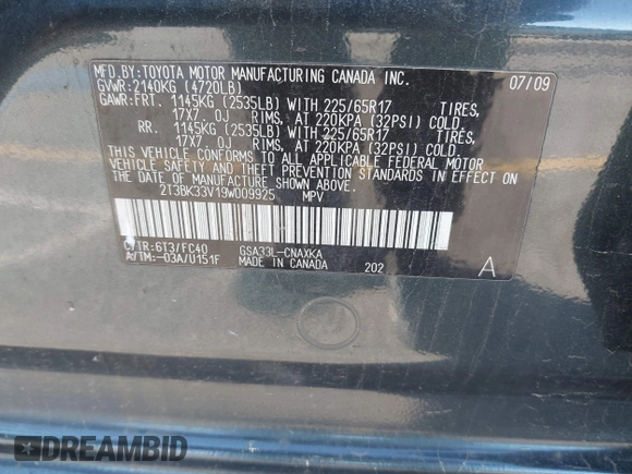 2009 Toyota RAV4 with VIN 2T3BK33V19W009925, listed as a IAAI auction lot 41341125 with 262,183 mi miles. Bid and sale history available at carsss.com. Image 9.