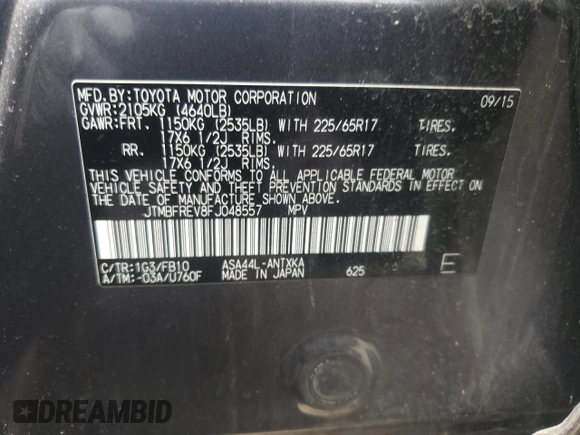 2015 Toyota RAV4 LE with VIN JTMBFREV8FJ048557, listed as a Copart auction lot 55304875 with 123,912 mi miles and Clean Title. Bid and sale history available at DreamBid. Image 13.