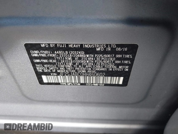 2017 Subaru Forester with VIN JF2SJABC0HH460602, listed as a IAAI auction lot 41856289 with 144,389 mi miles and . Bid and sale history available at DreamBid. Image 9.
