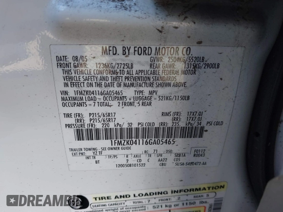 2006 Ford Freestyle SE с VIN 1FMZK04116GA05465, выставлен на аукционе IAAI как лот 41610170 с пробегом 94 097 миль миль и . История ставок и продаж доступна на DreamBid. Изображение 9.