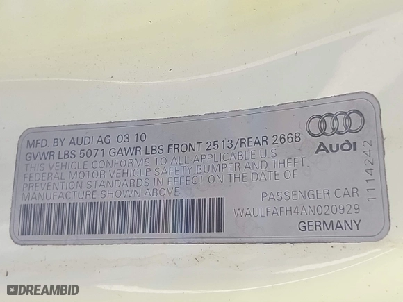 2010 Audi A5 Premium Plus with VIN WAULFAFH4AN020929, listed as a IAAI auction lot 41724217 with 90,881 mi miles. Bid and sale history available at carsss.com. Image 9.