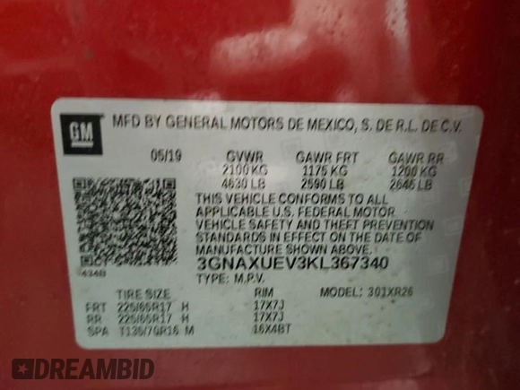 2019 Chevrolet Equinox LT with VIN 3GNAXUEV3KL367340, listed as a Copart auction lot 53789645 with Not Provided miles and Salvage Title. Bid and sale history available at DreamBid. Image 14.