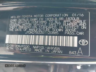 2016 Toyota Prius One with VIN JTDKDTB33G1120885, listed as a IAAI auction lot 41977522 with 60,499 mi miles and . Bid and sale history available at DreamBid. Image 9.