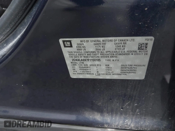 2015 Chevrolet Equinox LS with VIN 2GNALAEK7F1150185, listed as a IAAI auction lot 42057810 with 180,454 mi miles and . Bid and sale history available at DreamBid. Image 9.