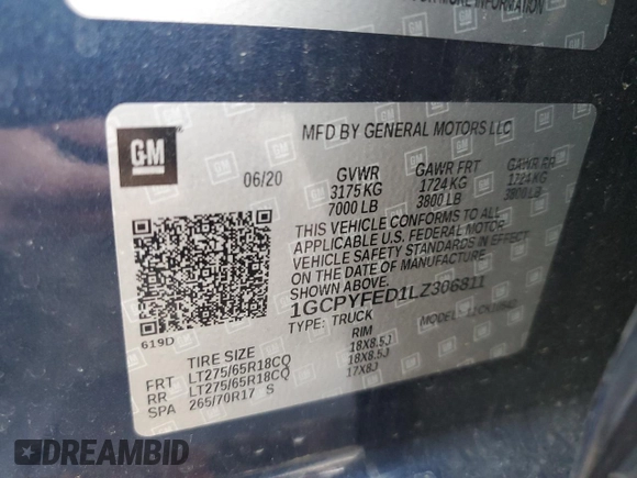2020 Chevrolet Silverado 1500 LT Trail Boss with VIN 1GCPYFED1LZ306811, listed as a Copart auction lot 42993575 with 107,386 mi miles and Salvage Title. Bid and sale history available at carsss.com. Image 12.