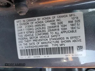 2018 Honda CR-V EX with VIN 2HKRW2H50JH691990, listed as a Copart auction lot 50433225 with 134,793 mi miles and Salvage Title. Bid and sale history available at DreamBid. Image 12.