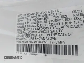 2022 Honda Odyssey EX-L with VIN 5FNRL6H7XNB043658, listed as a IAAI auction lot 41800437 with 45,245 mi miles and . Bid and sale history available at DreamBid. Image 9.