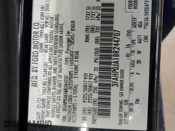 2011 Ford Fusion SEL with VIN 3FAHP0JA1BR244707, listed as a Copart auction lot 51728475 with 184,089 mi miles and Salvage Title. Bid and sale history available at DreamBid. Image 14.