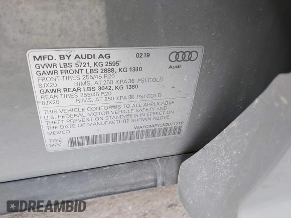 2019 Audi SQ5 Prestige with VIN WA1C4AFY2K2071710, listed as a IAAI auction lot 41893399 with 90,393 mi miles. Bid and sale history available at carsss.com. Image 9.