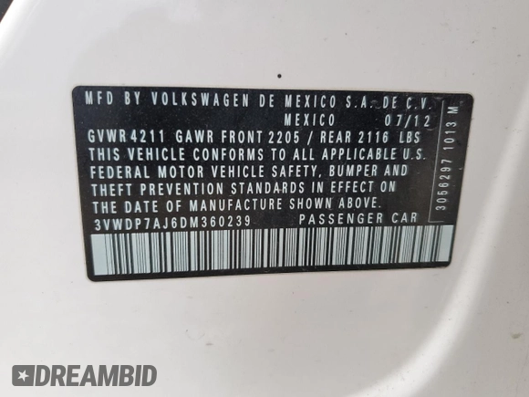 2013 Volkswagen Jetta SE with VIN 3VWDP7AJ6DM360239, listed as a Copart auction lot 47421025 with 119,596 mi miles and Salvage title. Bid and sale history available at DreamBid. Image 14.