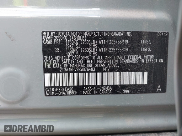 2019 Toyota RAV4 XLE Premium with VIN 2T3A1RFV7KW076483, listed as a IAAI auction lot 41945570 with 9,334 mi miles. Bid and sale history available at carsss.com. Image 9.